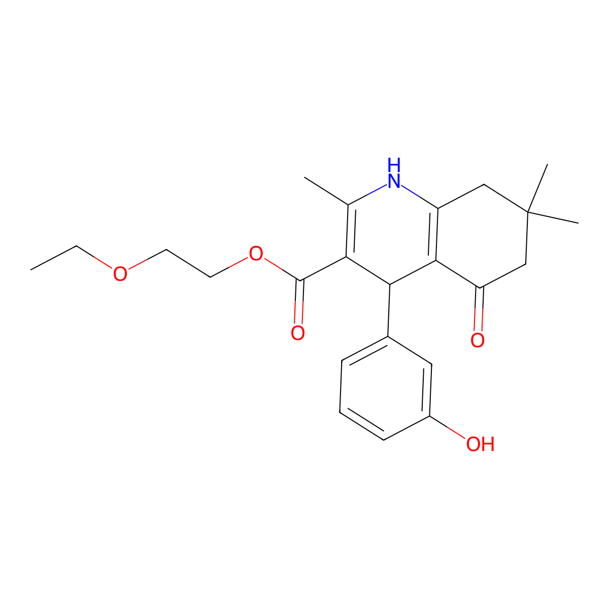 2-Ethoxyethyl 4-(3-hydroxyphenyl)-2,7,7-trimethyl-5-oxo-1,4,5,6,7,8-hexahydroquinoline-3-carboxylate molecular structure, CAS 299948-86-0