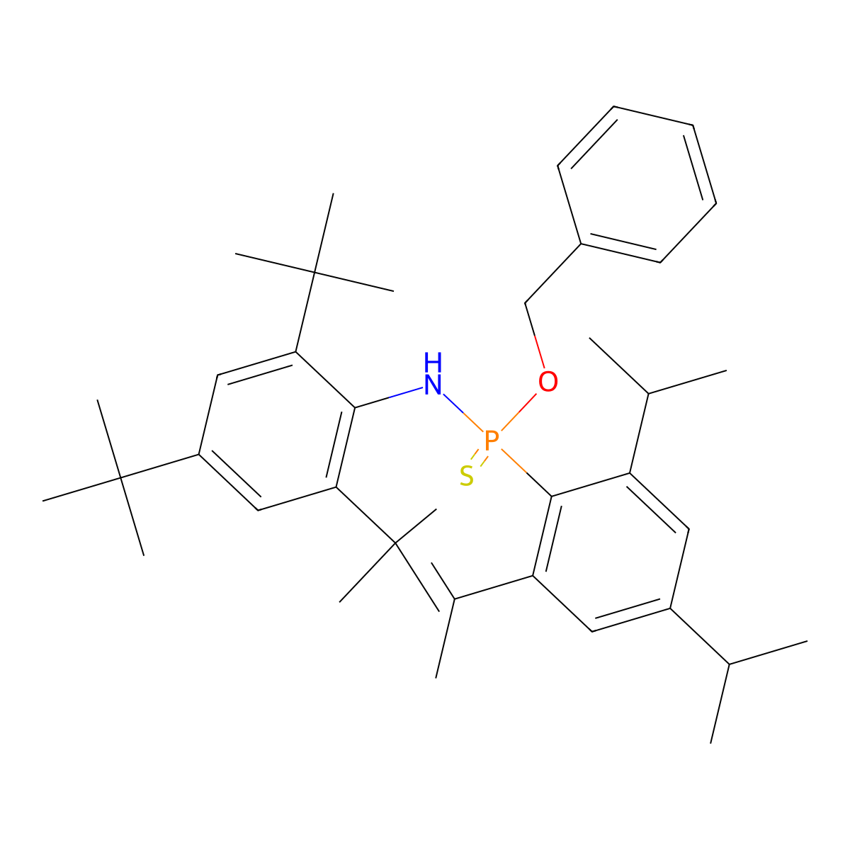 2,4,6-tritert-butyl-N-[phenylmethoxy-[2,4,6-tri(propan-2-yl)phenyl]phosphinothioyl]aniline molecular structure, CAS 299950-73-5