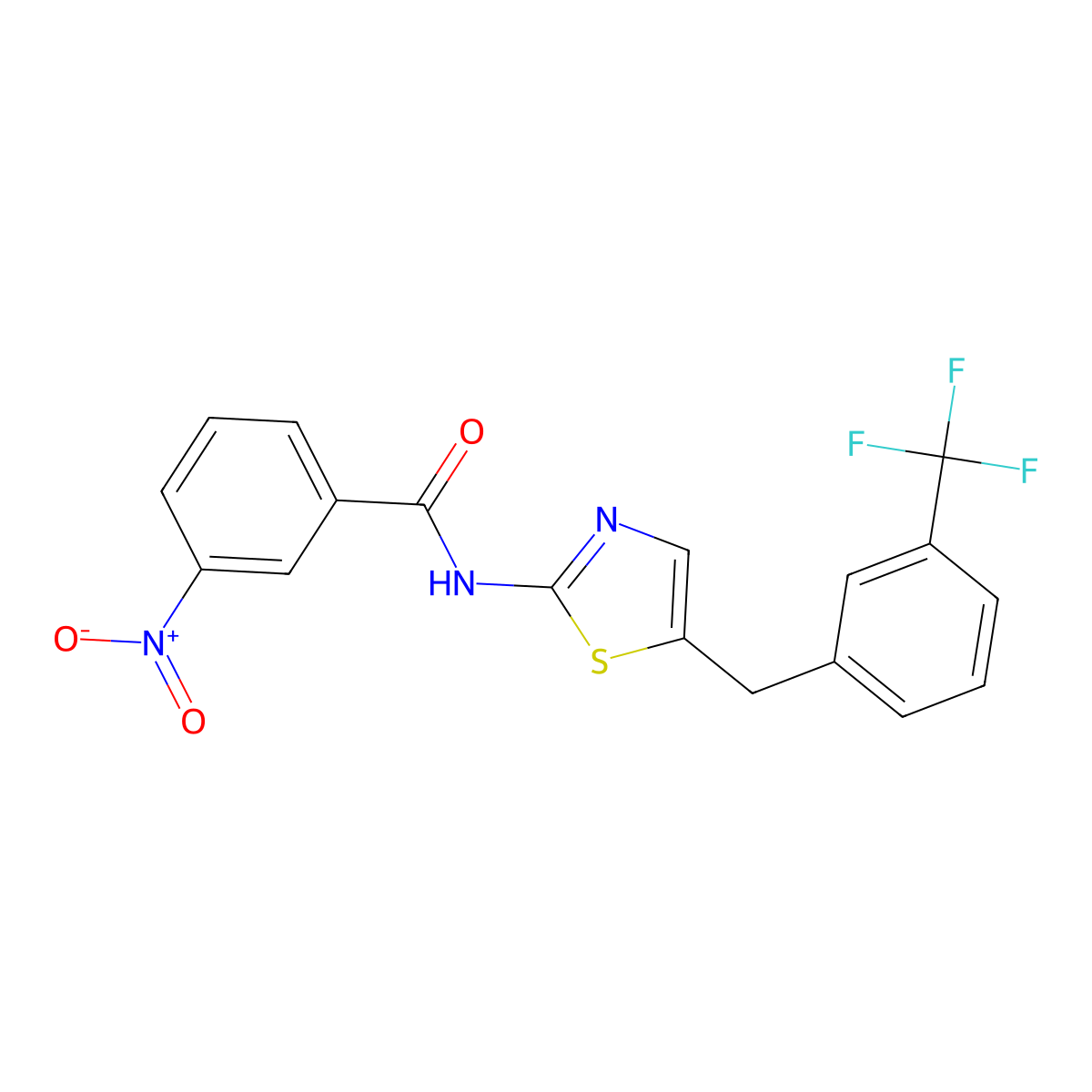 3-nitro-N-(5-(3-(trifluoromethyl)benzyl)thiazol-2-yl)benzamide molecular structure, CAS 299953-95-0