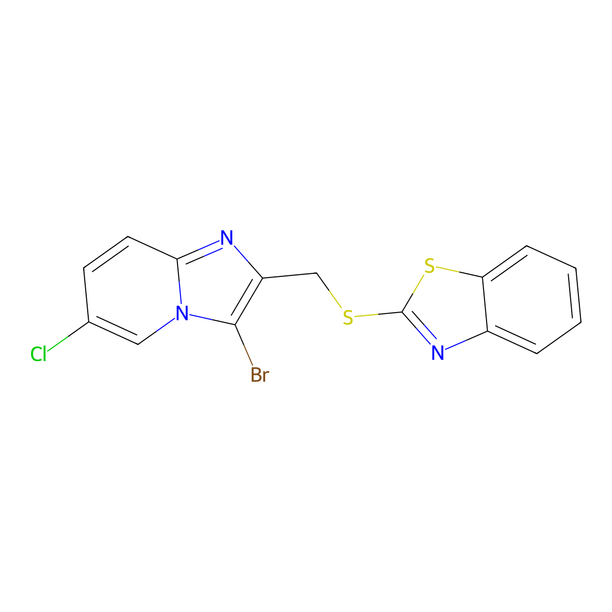 2-(((3-Bromo-6-chloroimidazo[1,2-a]pyridin-2-yl)methyl)thio)benzo[d]thiazole molecular structure, CAS 299955-41-2