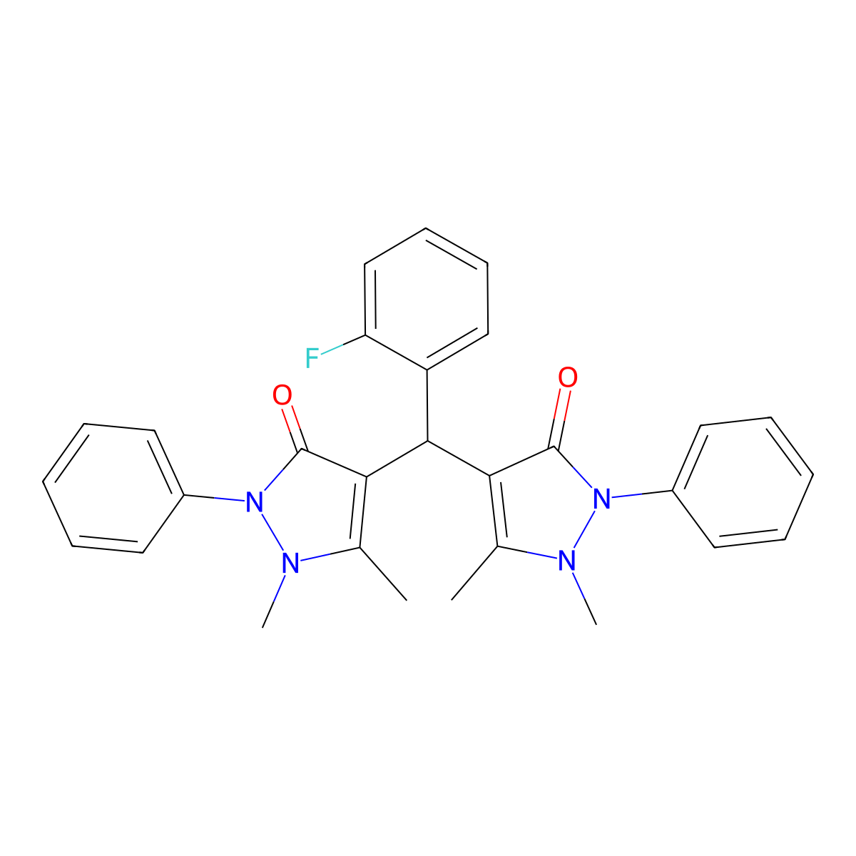 4,4'-((2-fluorophenyl)methylene)bis(1,5-dimethyl-2-phenyl-1H-pyrazol-3(2H)-one) molecular structure, CAS 299955-49-0