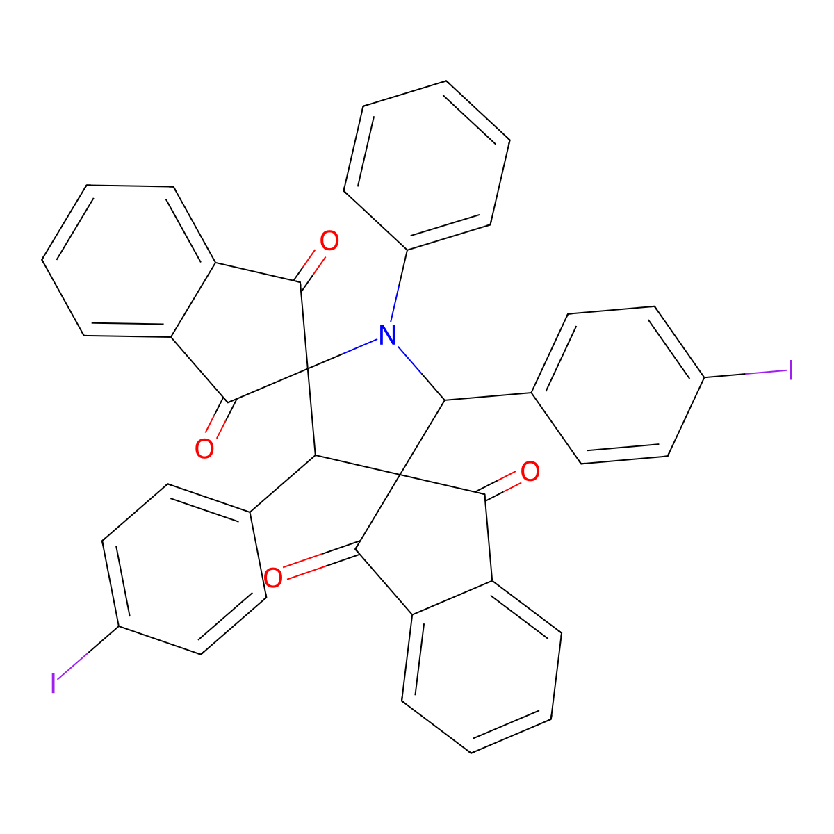 3,5-Bis(4-iodophenyl)-1-phenyldispiro[indene-2,2-pyrrolidine-4,2-indene]-1,1,3,3-tetraone molecular structure, CAS 299969-40-7