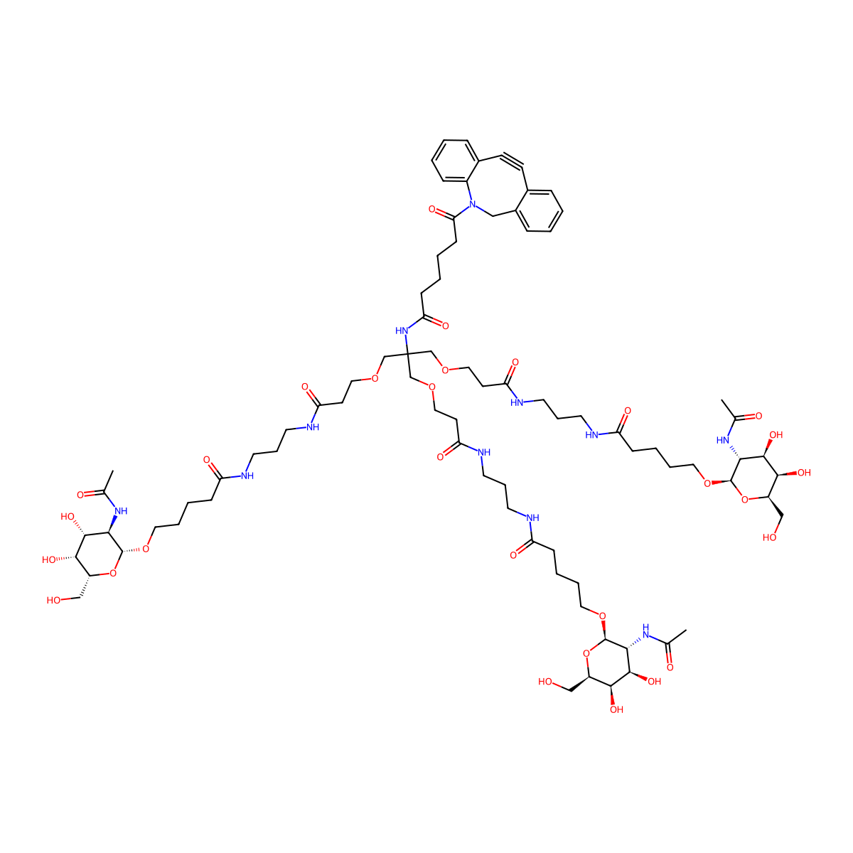 6-(2-azatricyclo[10.4.0.04,9]hexadeca-1(16),4,6,8,12,14-hexaen-10-yn-2-yl)-N-[1,3-bis[3-[3-[5-[(2R,3R,4R,5R,6R)-3-acetamido-4,5-dihydroxy-6-(hydroxymethyl)oxan-2-yl]oxypentanoylamino]propylamino]-3-oxopropoxy]-2-[[3-[3-[5-[(2R,3R,4R,5R,6R)-3-acetamido-4,5-dihydroxy-6-(hydroxymethyl)oxan-2-yl]oxypentanoylamino]propylamino]-3-oxopropoxy]methyl]propan-2-yl]-6-oxohexanamide molecular structure, CAS 2999748-27-3