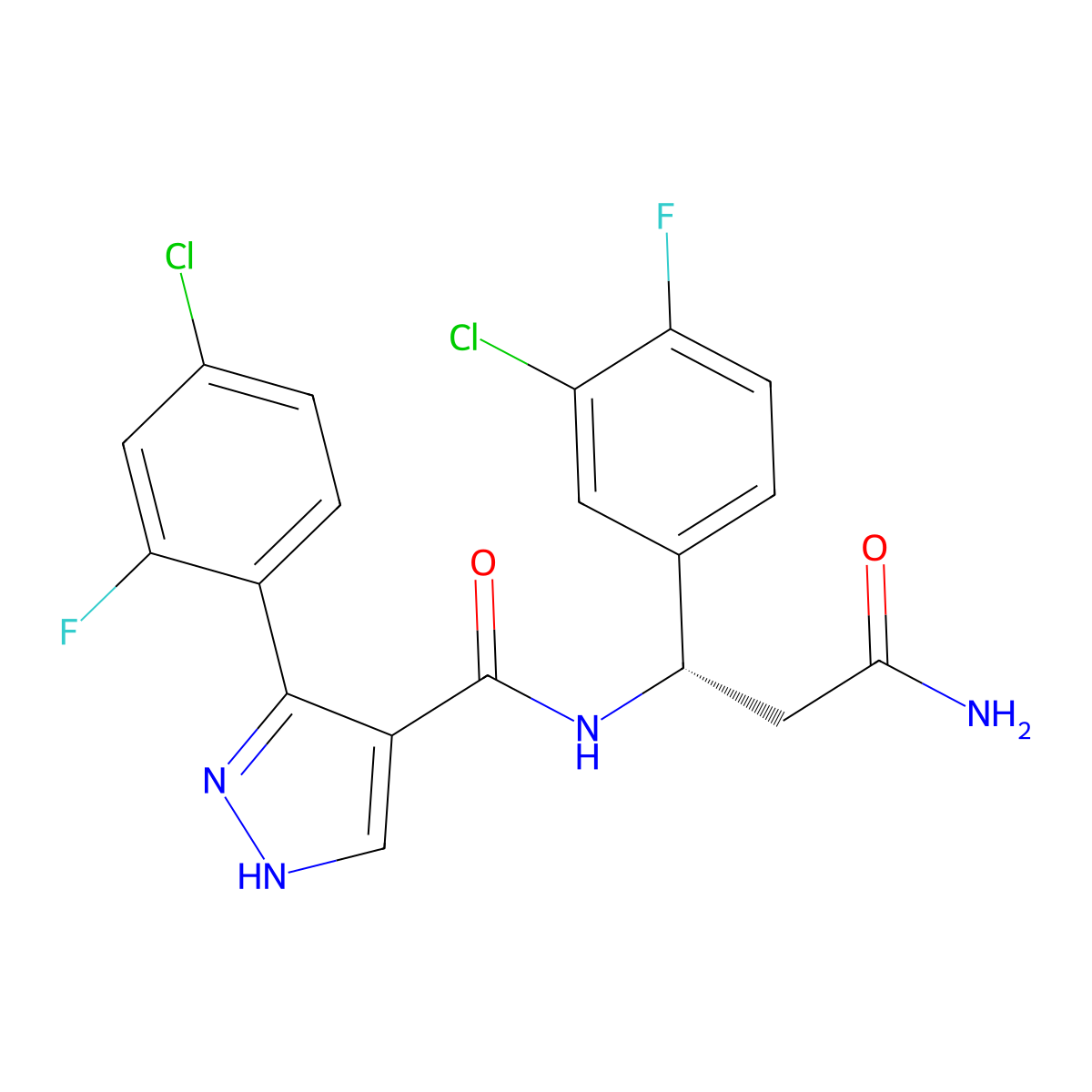 (S)-N-(3-Amino-1-(3-chloro-4-fluorophenyl)-3-oxopropyl)-3-(4-chloro-2-fluorophenyl)-1H-pyrazole-4-carboxamide molecular structure, CAS 3000549-26-5