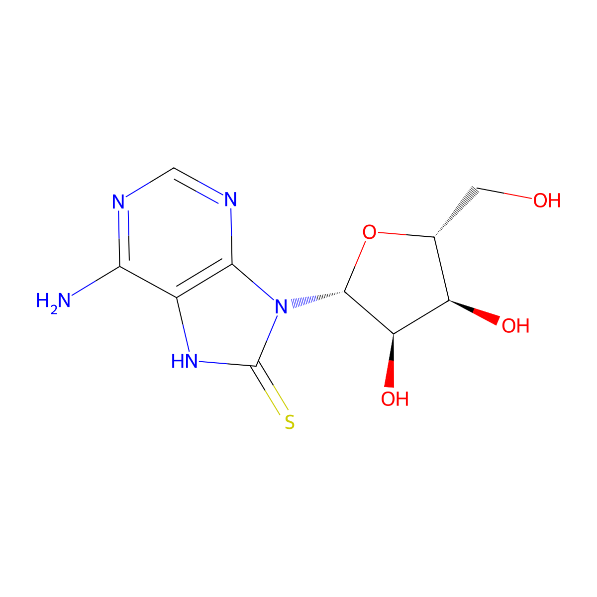 6-Amino-9-((2R,3R,4S,5R)-3,4-dihydroxy-5-(hydroxymethyl)tetrahydrofuran-2-yl)-7H-purine-8(9H)-thione molecular structure, CAS 3001-45-4