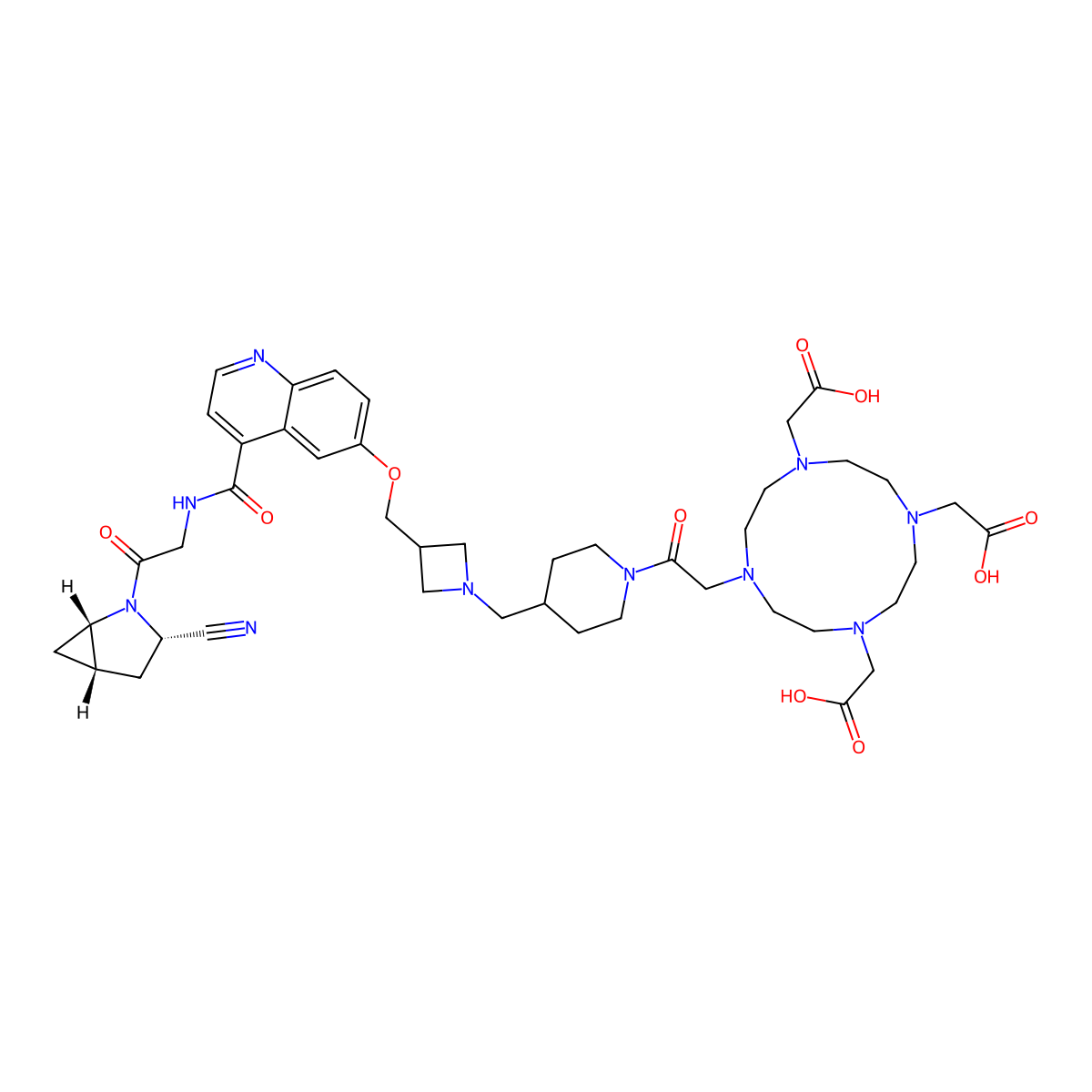 2,2',2''-(10-(2-(4-((3-(((4-((2-((1S,3S,5S)-3-Cyano-2-azabicyclo[3.1.0]hexan-2-yl)-2-oxoethyl)carbamoyl)quinolin-6-yl)oxy)methyl)azetidin-1-yl)methyl)piperidin-1-yl)-2-oxoethyl)-1,4,7,10-tetraazacyclododecane-1,4,7-triyl)triacetic acid molecular structure, CAS 3001300-91-7