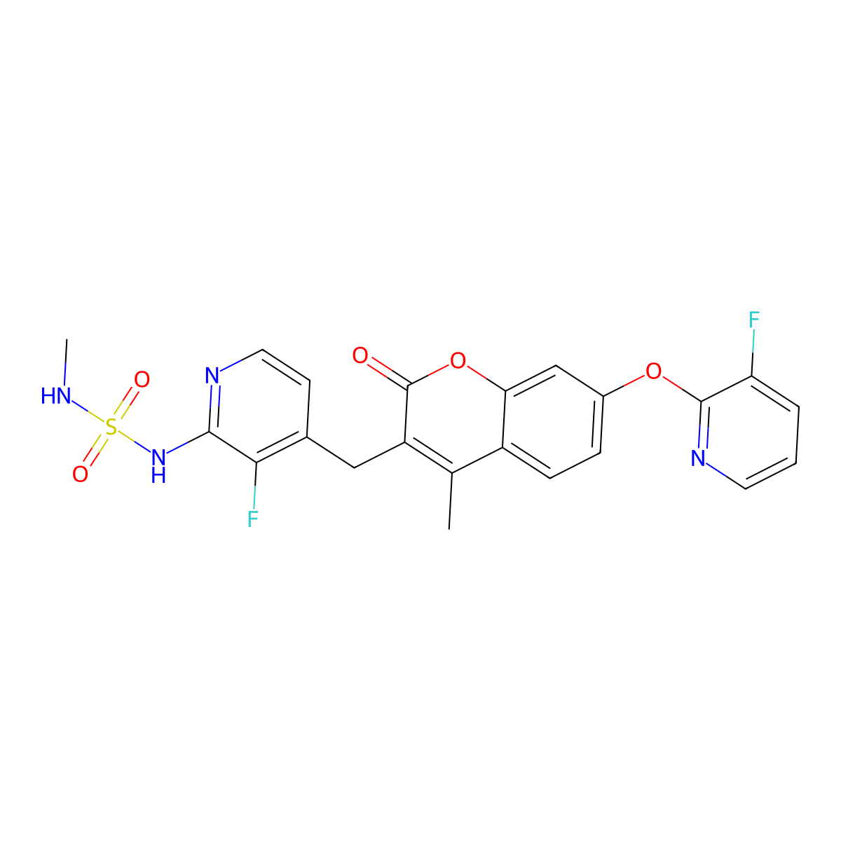3-[[3-Fluoro-2-(methylsulfamoylamino)-4-pyridinyl]methyl]-7-[(3-fluoro-2-pyridinyl)oxy]-4-methylchromen-2-one molecular structure, CAS 3002056-30-3