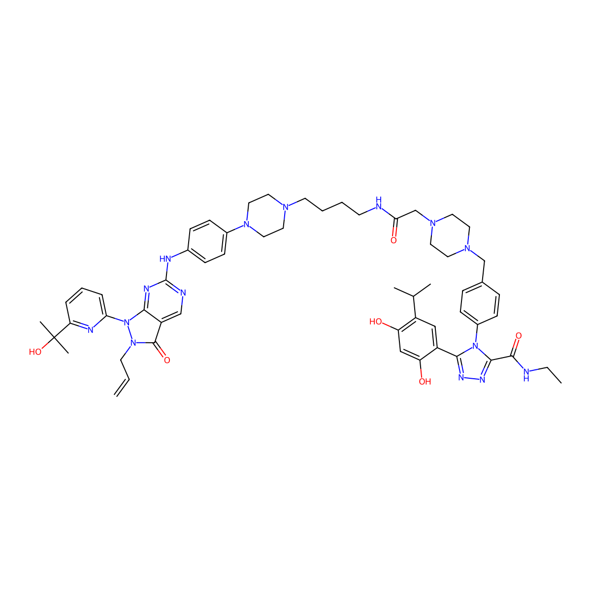 5-(2,4-dihydroxy-5-propan-2-ylphenyl)-N-ethyl-4-[4-[[4-[2-[4-[4-[4-[[1-[6-(2-hydroxypropan-2-yl)-2-pyridinyl]-3-oxo-2-prop-2-enylpyrazolo[3,4-d]pyrimidin-6-yl]amino]phenyl]piperazin-1-yl]butylamino]-2-oxoethyl]piperazin-1-yl]methyl]phenyl]-1,2,4-triazole-3-carboxamide molecular structure, CAS 3002417-64-0