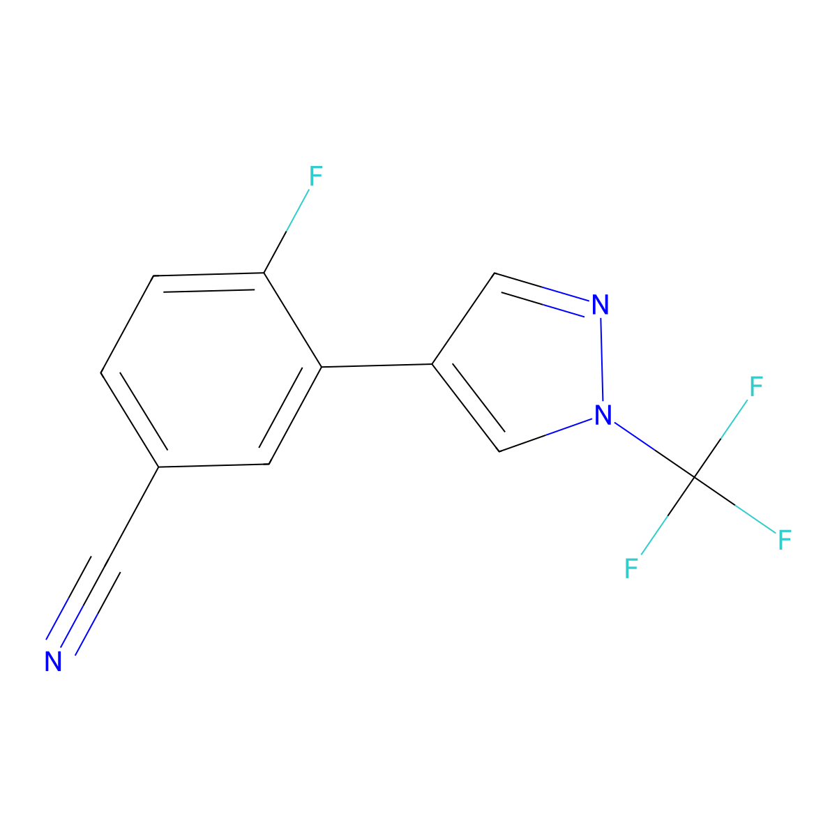 4-fluoro-3-(1-(trifluoromethyl)-1H-pyrazol-4-yl)benzonitrile molecular structure, CAS 3002446-09-2