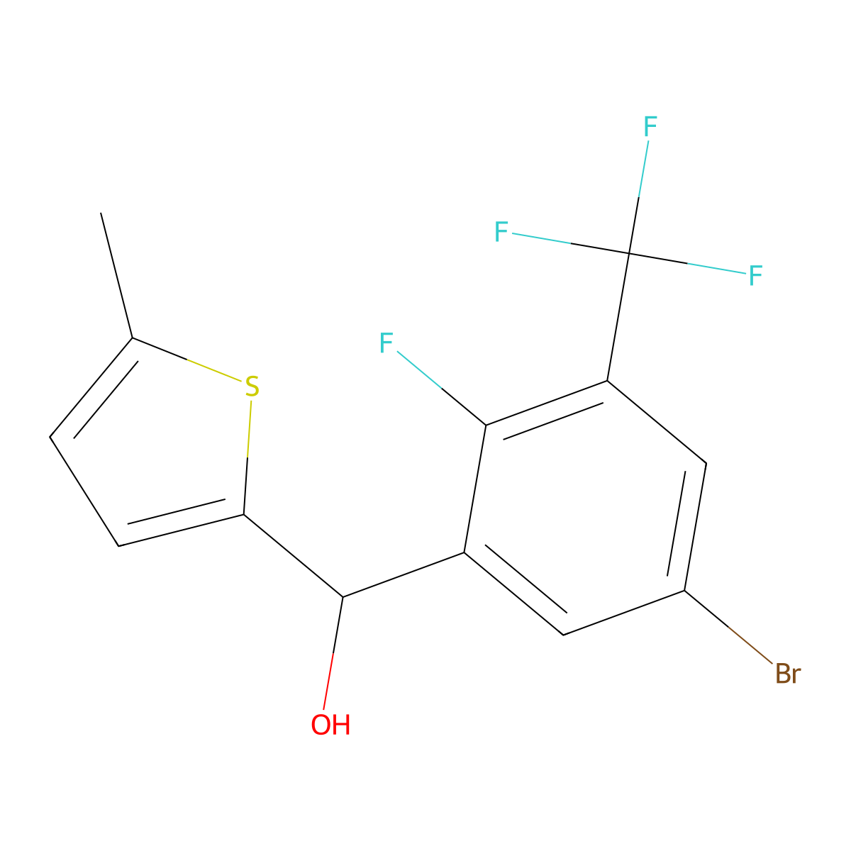 (5-Bromo-2-fluoro-3-(trifluoromethyl)phenyl)(5-methylthiophen-2-yl)methanol molecular structure, CAS 3002456-30-3