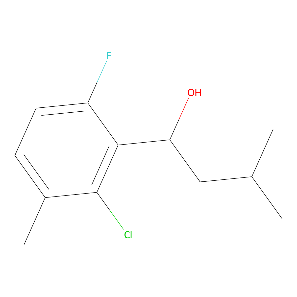 1-(2-Chloro-6-fluoro-3-methylphenyl)-3-methylbutan-1-ol molecular structure, CAS 3002494-00-7
