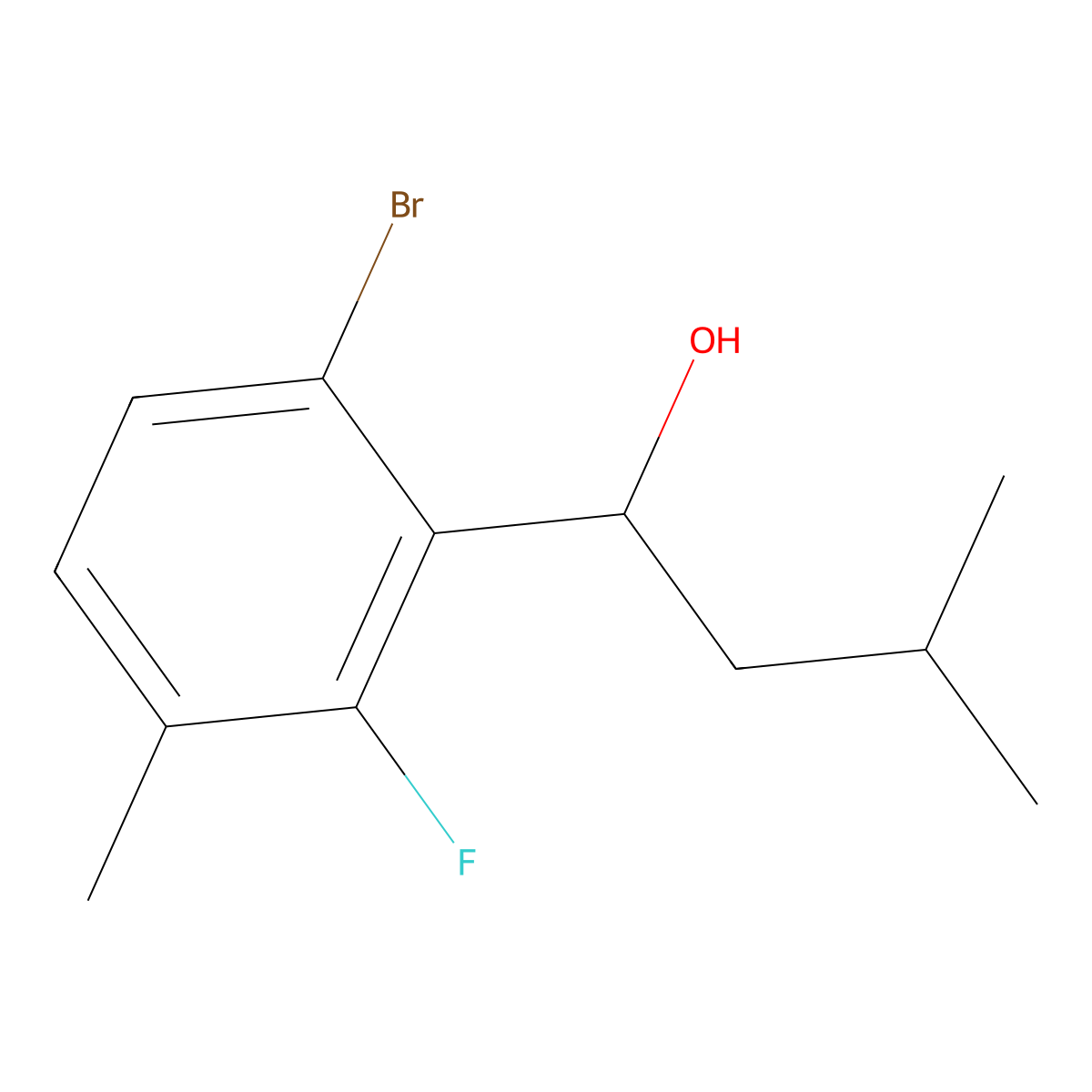 1-(6-Bromo-2-fluoro-3-methylphenyl)-3-methylbutan-1-ol molecular structure, CAS 3002544-64-8