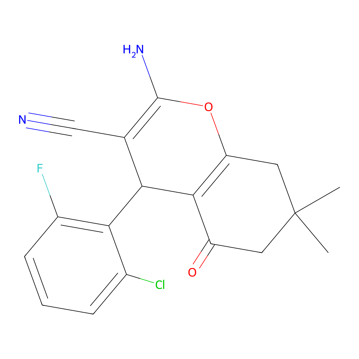2-amino-4-(2-chloro-6-fluorophenyl)-7,7-dimethyl-5-oxo-5,6,7,8-tetrahydro-4H-chromene-3-carbonitrile molecular structure, CAS 300375-34-2