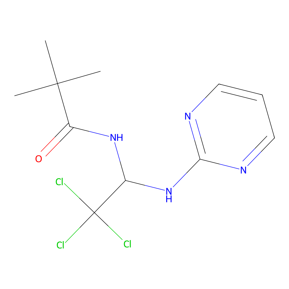 2,2-dimethyl-N-[2,2,2-trichloro-1-(pyrimidin-2-ylamino)ethyl]propanamide molecular structure, CAS 300379-00-4