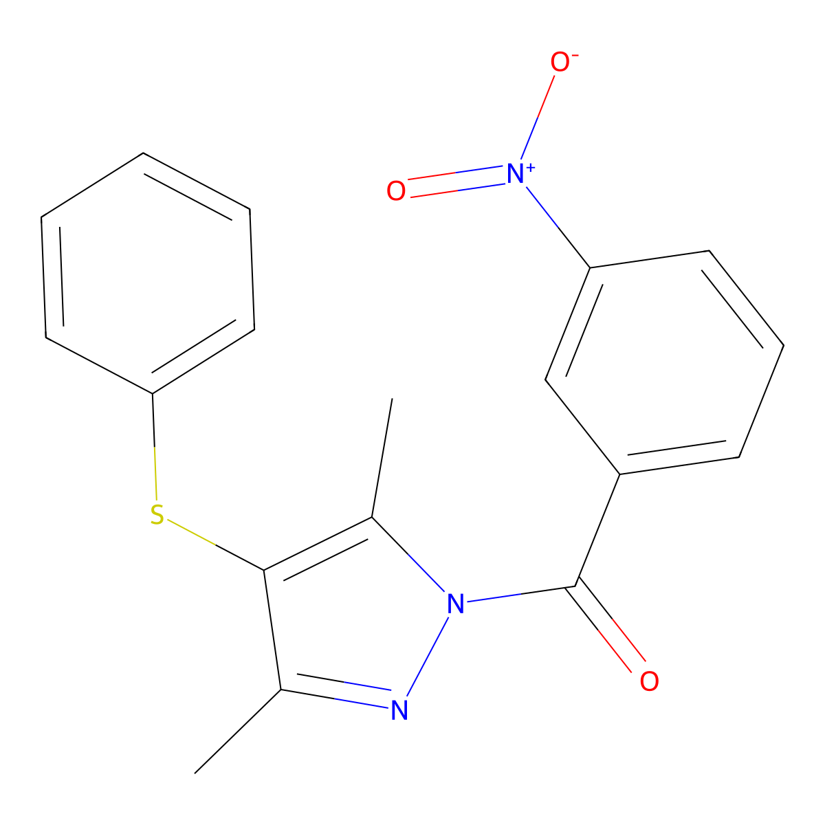 (3,5-Dimethyl-4-phenylsulfanylpyrazol-1-yl)-(3-nitrophenyl)methanone molecular structure, CAS 300379-08-2