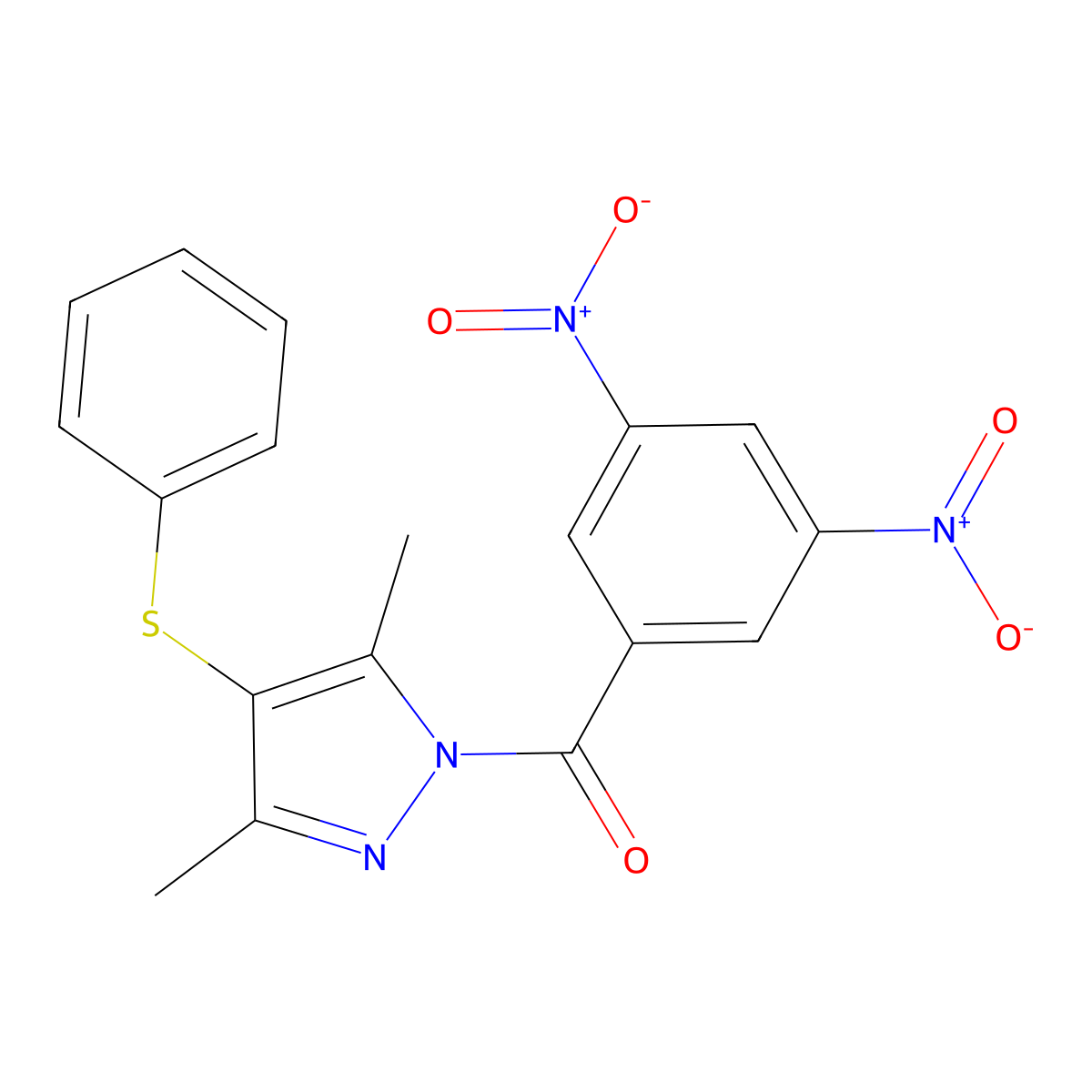 (3,5-Dimethyl-4-phenylsulfanylpyrazol-1-yl)-(3,5-dinitrophenyl)methanone molecular structure, CAS 300379-10-6