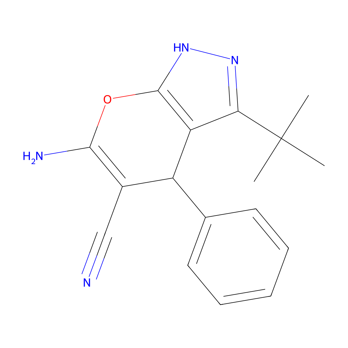 6-Amino-3-tert-butyl-4-phenyl-1,4-dihydropyrano(2,3-C)pyrazole-5-carbonitrile molecular structure, CAS 300389-76-8