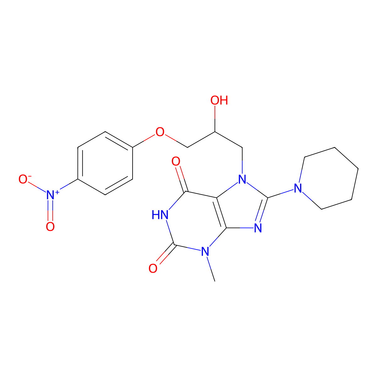 7-(2-hydroxy-3-(4-nitrophenoxy)propyl)-3-methyl-8-(piperidin-1-yl)-1H-purine-2,6(3H,7H)-dione molecular structure, CAS 300389-82-6