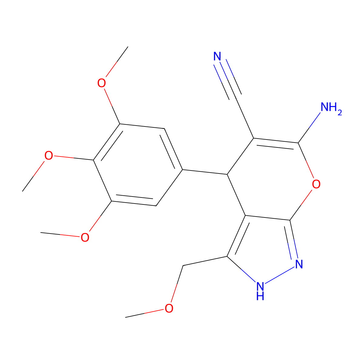 6-Amino-3-(methoxymethyl)-4-(3,4,5-trimethoxyphenyl)-1,4-dihydropyrano[2,3-c]pyrazole-5-carbonitrile molecular structure, CAS 300391-42-8