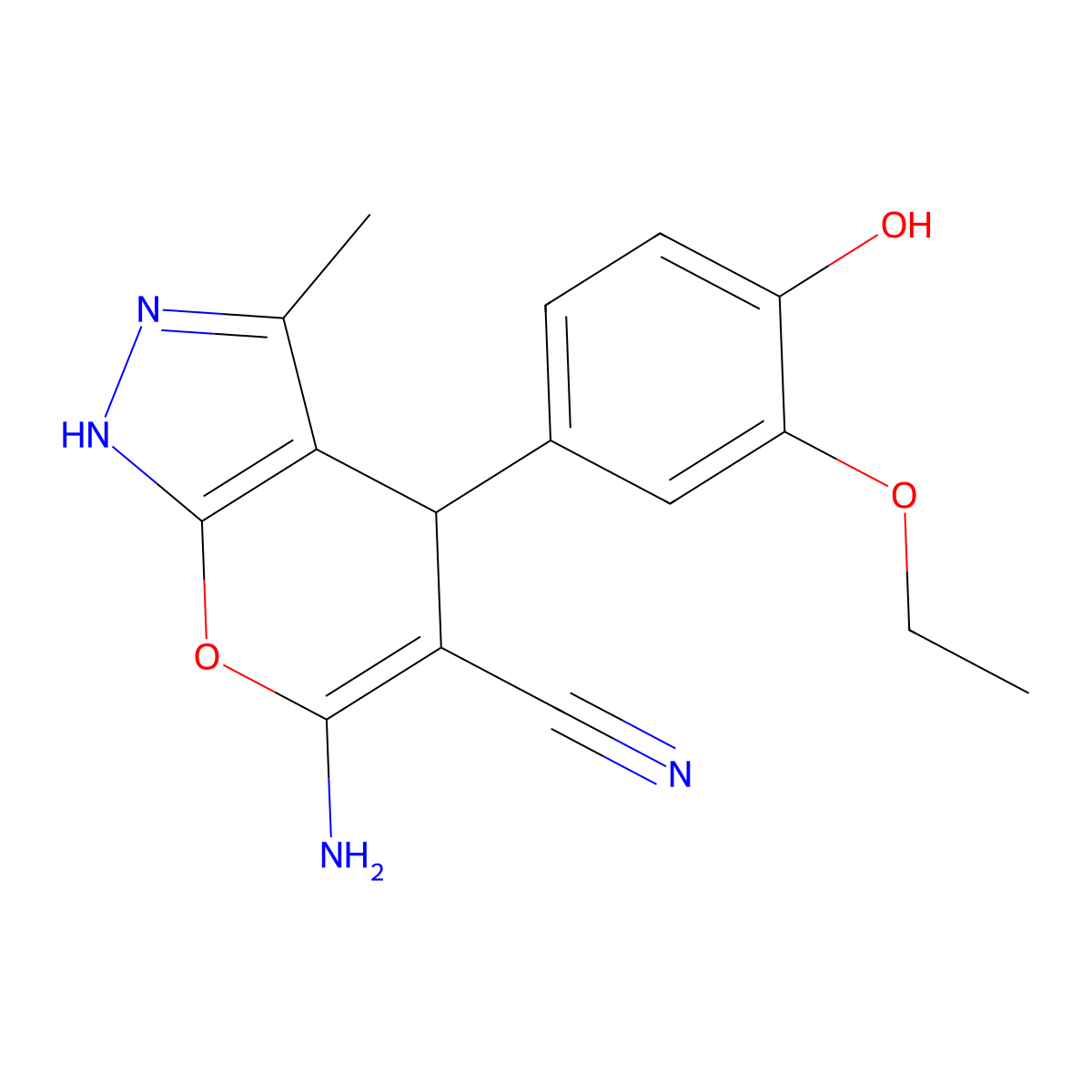 6-Amino-4-(3-ethoxy-4-hydroxyphenyl)-3-methyl-2,4-dihydropyrano[2,3-c]pyrazole-5-carbonitrile molecular structure, CAS 300392-08-9