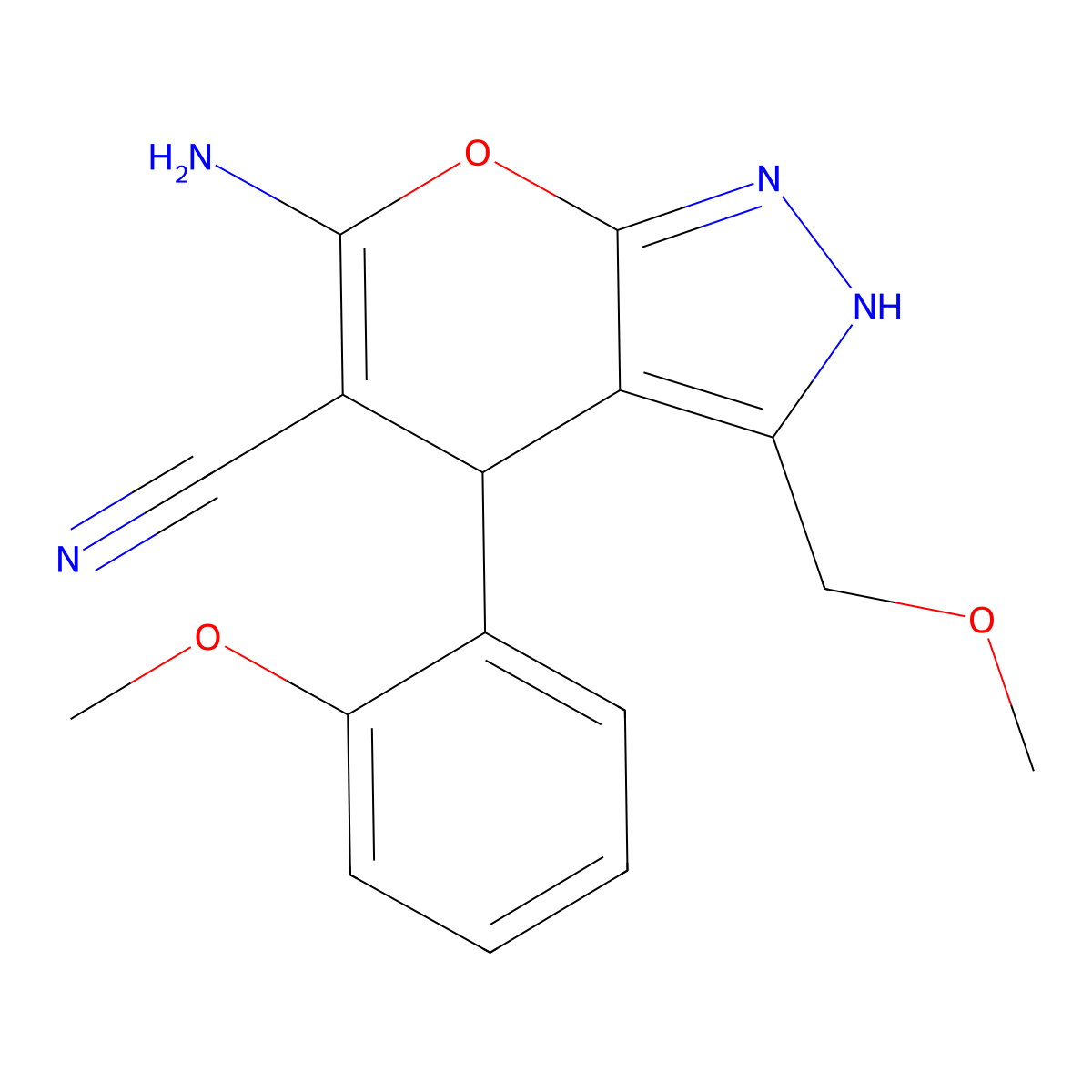6-Amino-3-(methoxymethyl)-4-(2-methoxyphenyl)-1,4-dihydropyrano[2,3-c]pyrazole-5-carbonitrile molecular structure, CAS 300392-53-4