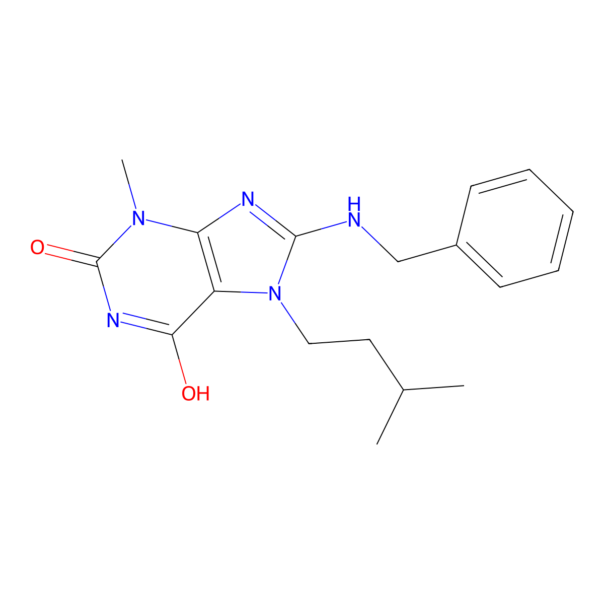 8-(benzylamino)-7-isopentyl-3-methyl-1H-purine-2,6(3H,7H)-dione molecular structure, CAS 300392-63-6