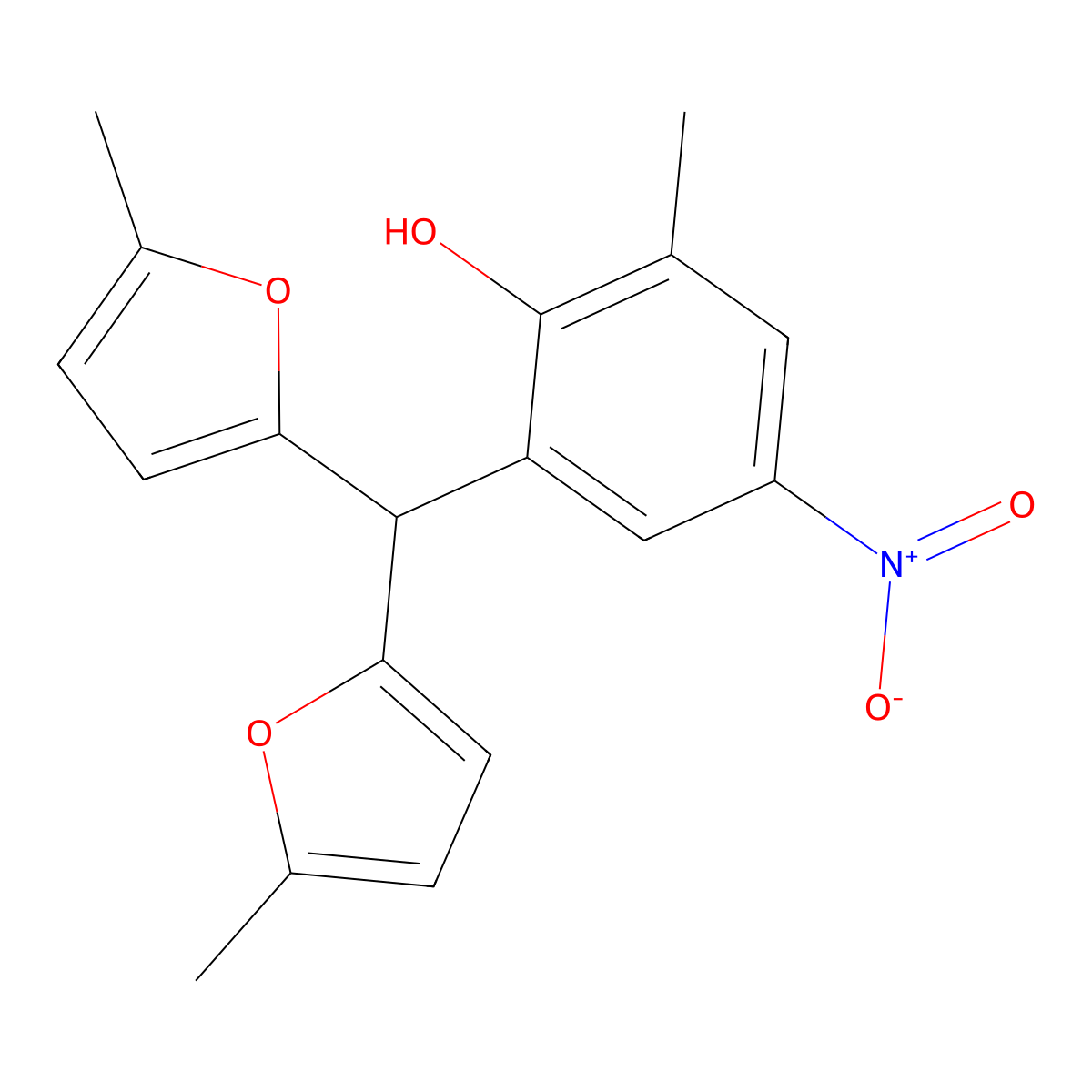 2-[Bis(5-methylfuran-2-yl)methyl]-6-methyl-4-nitrophenol molecular structure, CAS 300393-13-9
