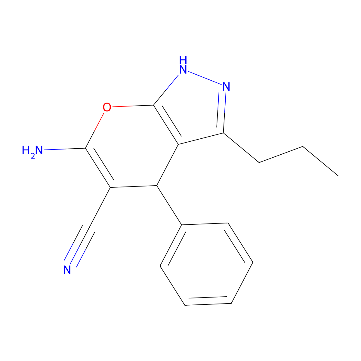 6-Amino-4-phenyl-3-propyl-1,4-dihydropyrano[2,3-c]pyrazole-5-carbonitrile molecular structure, CAS 300393-93-5