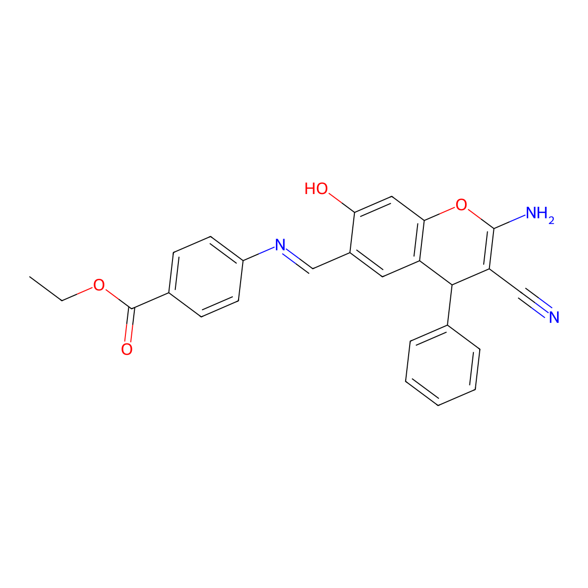 ethyl 4-{[(E)-(2-amino-3-cyano-7-hydroxy-4-phenyl-4H-chromen-6-yl)methylidene]amino}benzoate molecular structure, CAS 300393-97-9