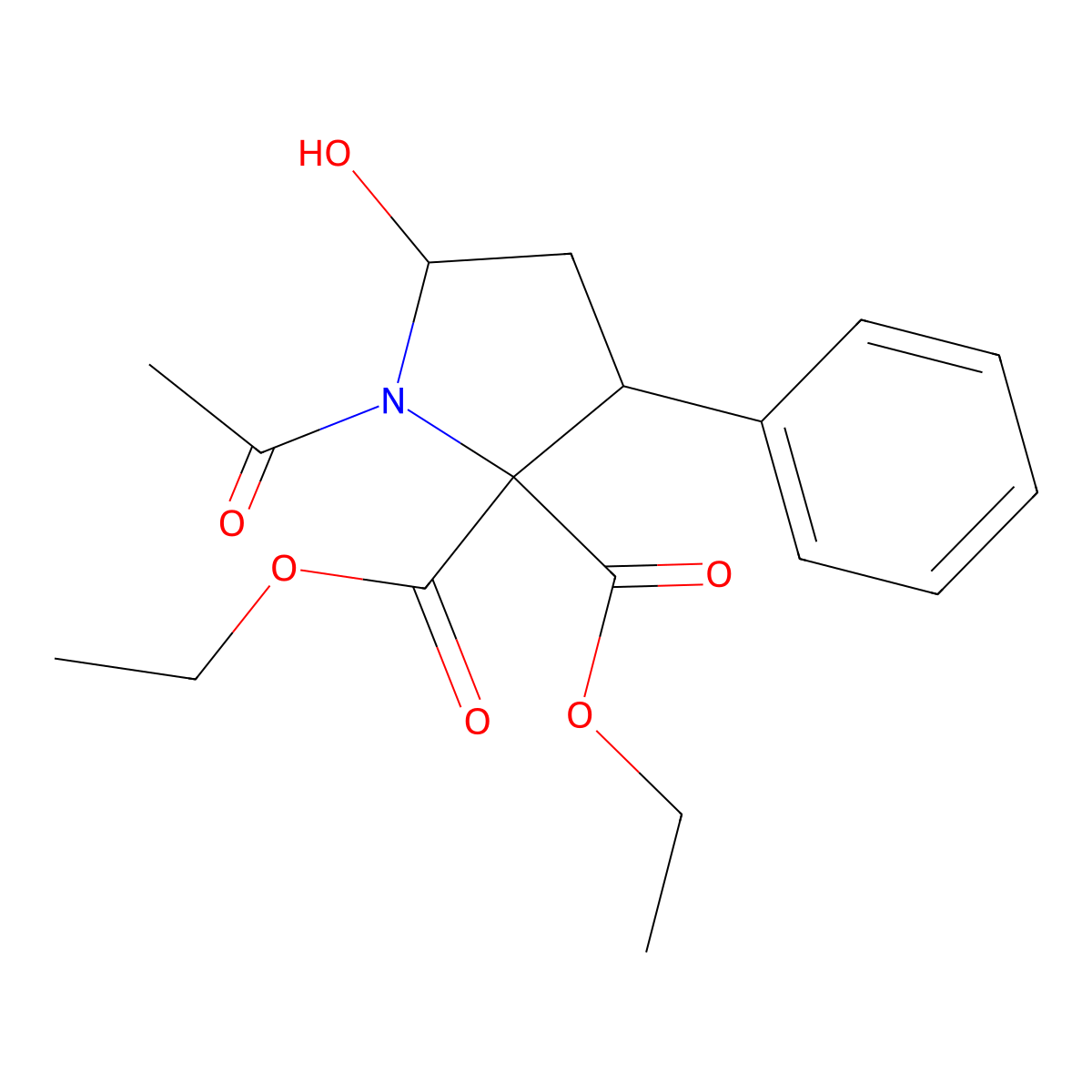 Diethyl 1-acetyl-5-hydroxy-3-phenylpyrrolidine-2,2-dicarboxylate molecular structure, CAS 3005-63-8