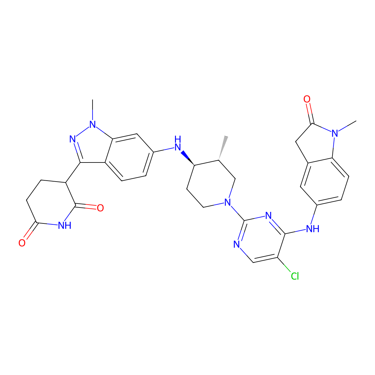 3-(6-(((3R,4R)-1-(5-chloro-4-((1-methyl-2-oxoindolin-5-yl)amino)pyrimidin-2-yl)-3-methylpiperidin-4-yl)amino)-1-methyl-1H-indazol-3-yl)piperidine-2,6-dione molecular structure, CAS 3005272-36-3