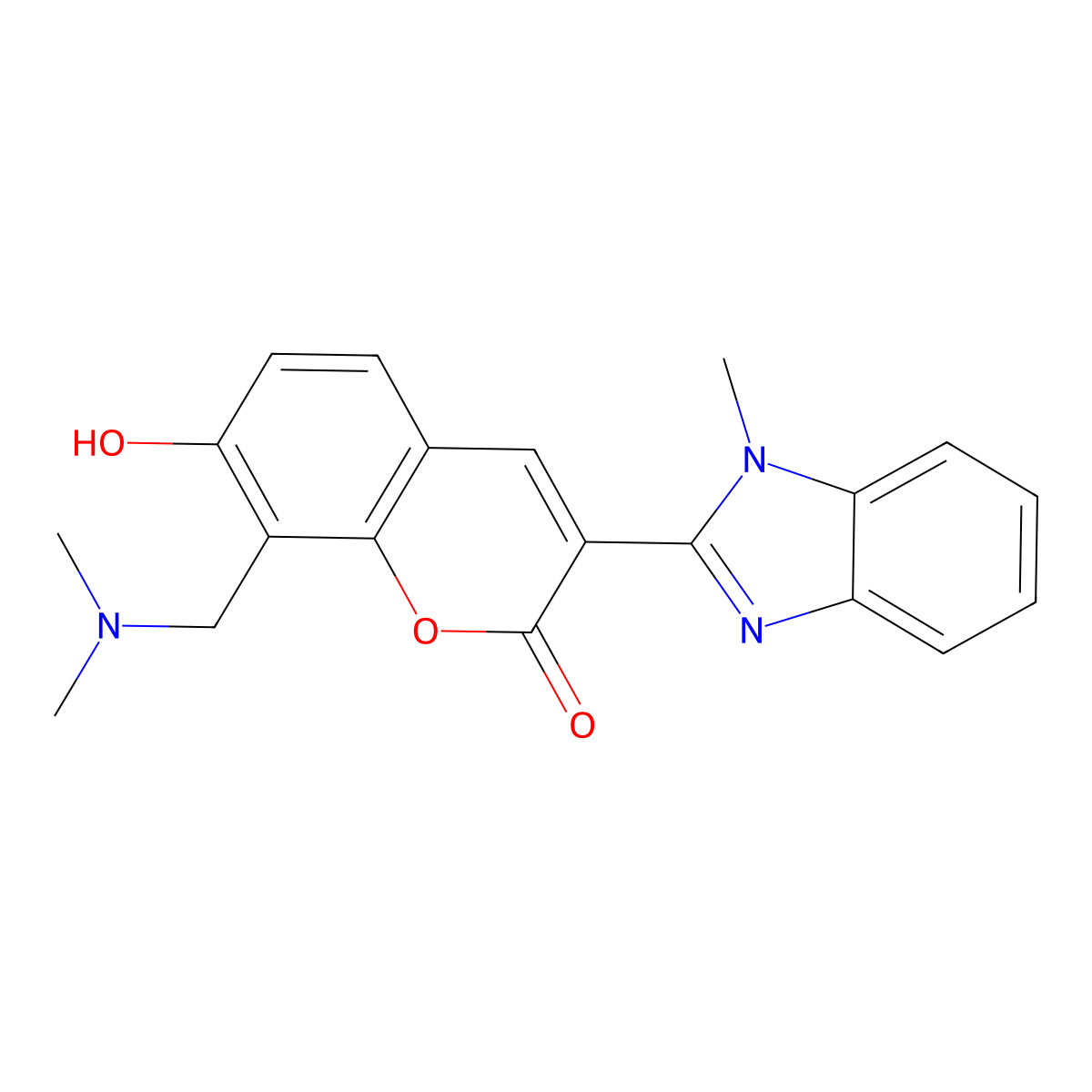 8-Dimethylaminomethyl-7-hydroxy-3-(1-methyl-1H-benzoimidazol-2-yl)-chromen-2-one molecular structure, CAS 300556-27-8