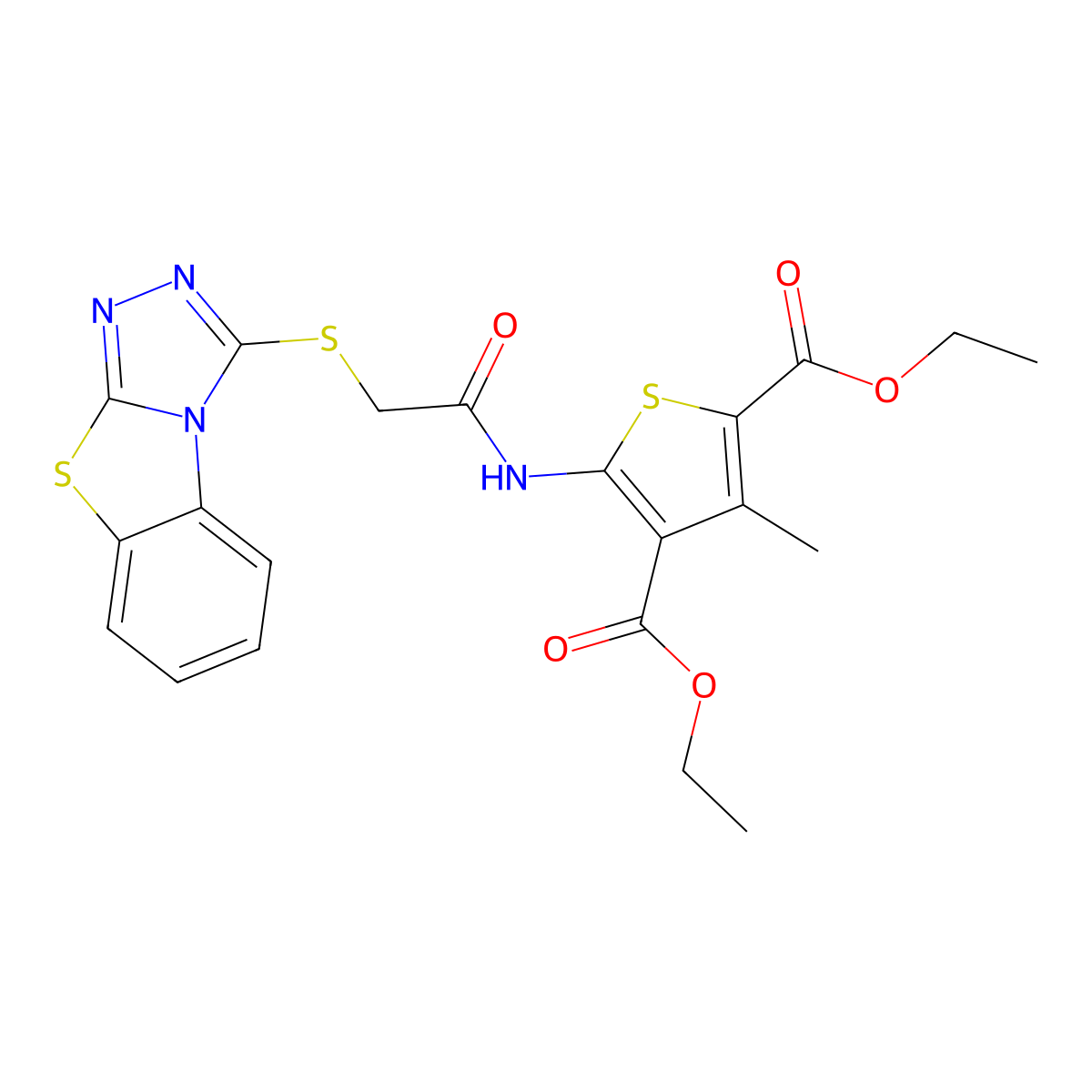 2,4-Diethyl 3-methyl-5-(2-{7-thia-2,4,5-triazatricyclo[6.4.0.0^{2,6}]dodeca-1(8),3,5,9,11-pentaen-3-ylsulfanyl}acetamido)thiophene-2,4-dicarboxylate molecular structure, CAS 300556-32-5