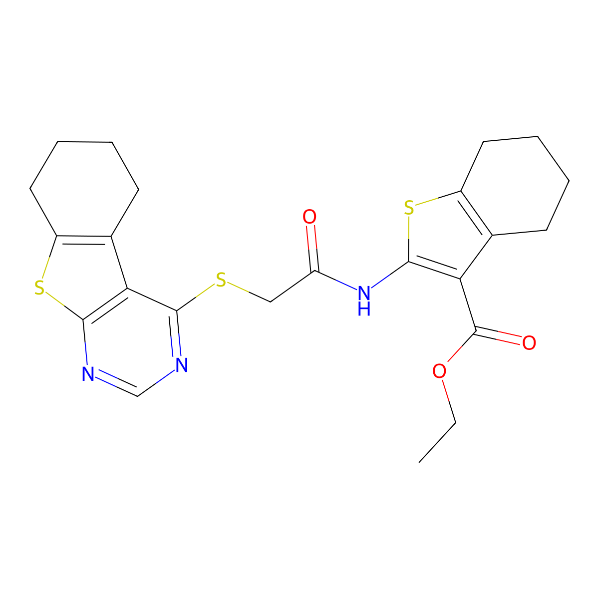 Ethyl 2-[[2-(5,6,7,8-tetrahydro-[1]benzothiolo[2,3-d]pyrimidin-4-ylsulfanyl)acetyl]amino]-4,5,6,7-tetrahydro-1-benzothiophene-3-carboxylate molecular structure, CAS 300556-33-6
