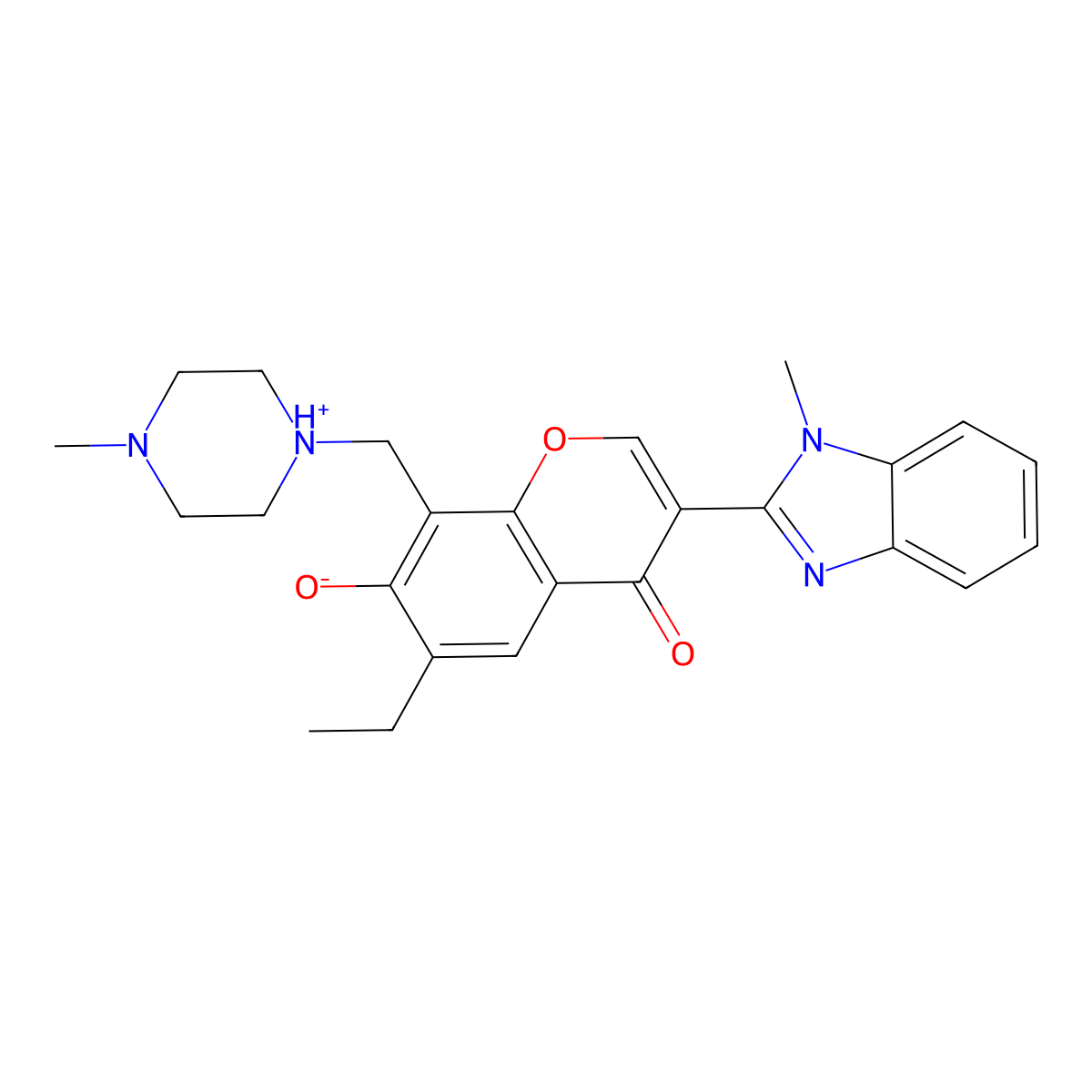 6-ethyl-7-hydroxy-3-(1-methyl-1H-benzimidazol-2-yl)-8-[(4-methyl-1-piperazinyl)methyl]-4H-chromen-4-one molecular structure, CAS 300556-94-9