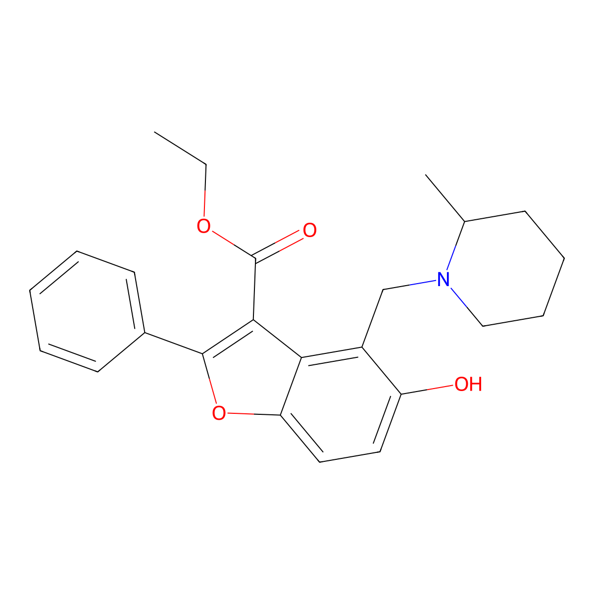 Ethyl 5-hydroxy-4-[(2-methylpiperidin-1-yl)methyl]-2-phenyl-1-benzofuran-3-carboxylate molecular structure, CAS 300556-96-1