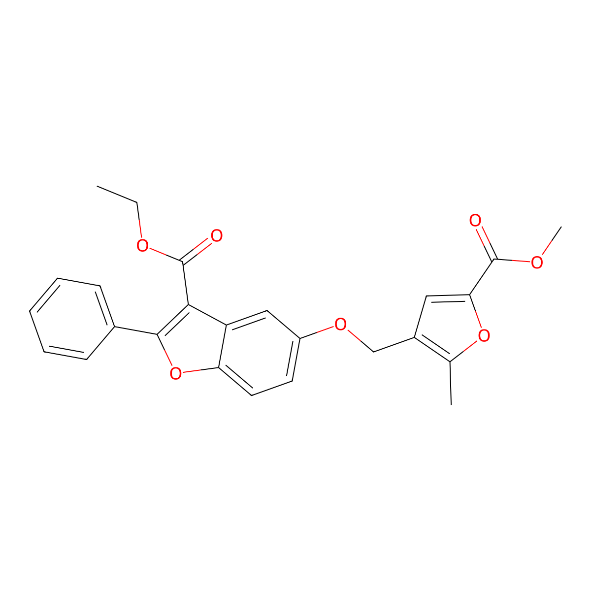 Ethyl 5-{[5-(methoxycarbonyl)-2-methylfuran-3-yl]methoxy}-2-phenyl-1-benzofuran-3-carboxylate molecular structure, CAS 300557-09-9