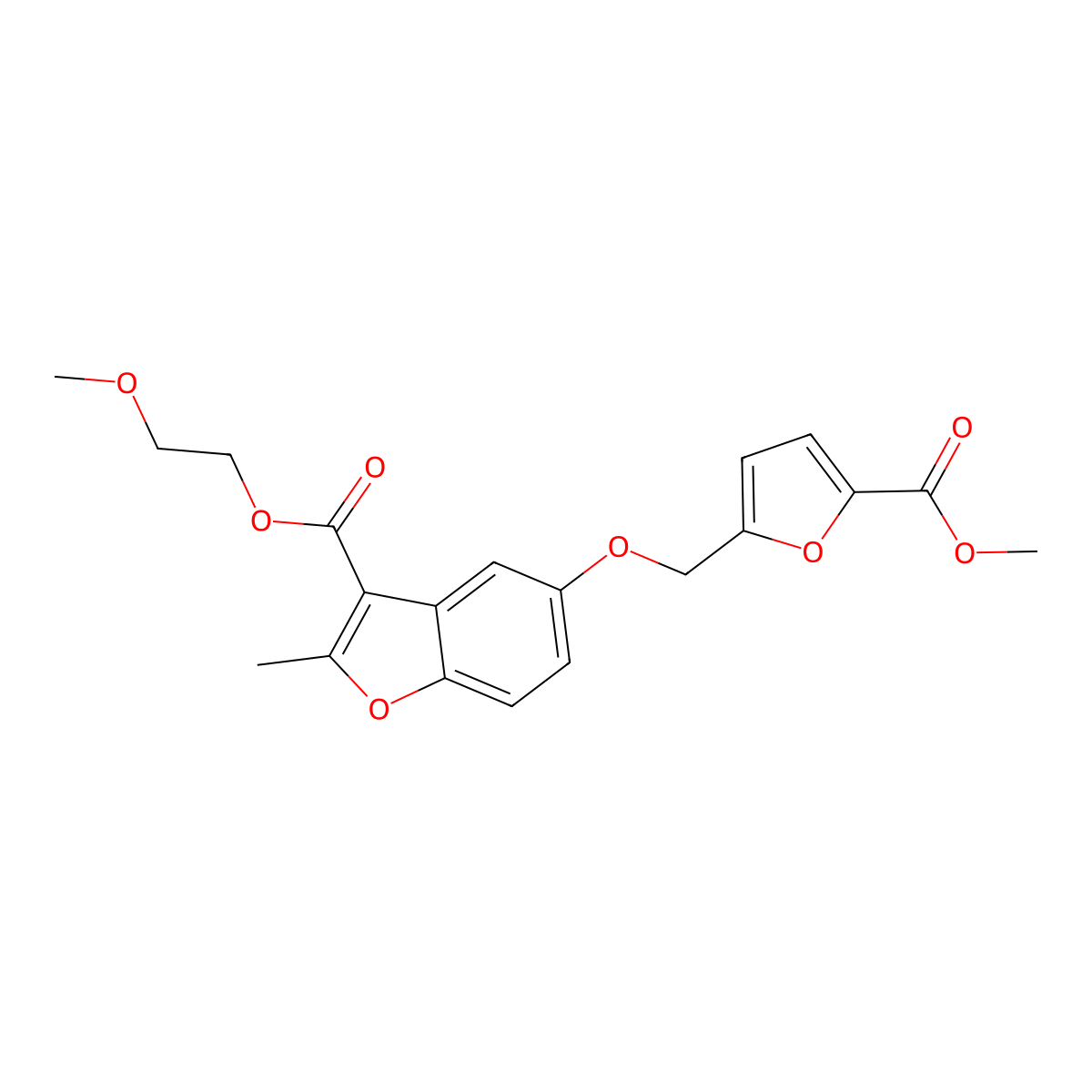 2-Methoxyethyl 5-{[5-(methoxycarbonyl)furan-2-yl]methoxy}-2-methyl-1-benzofuran-3-carboxylate molecular structure, CAS 300557-20-4