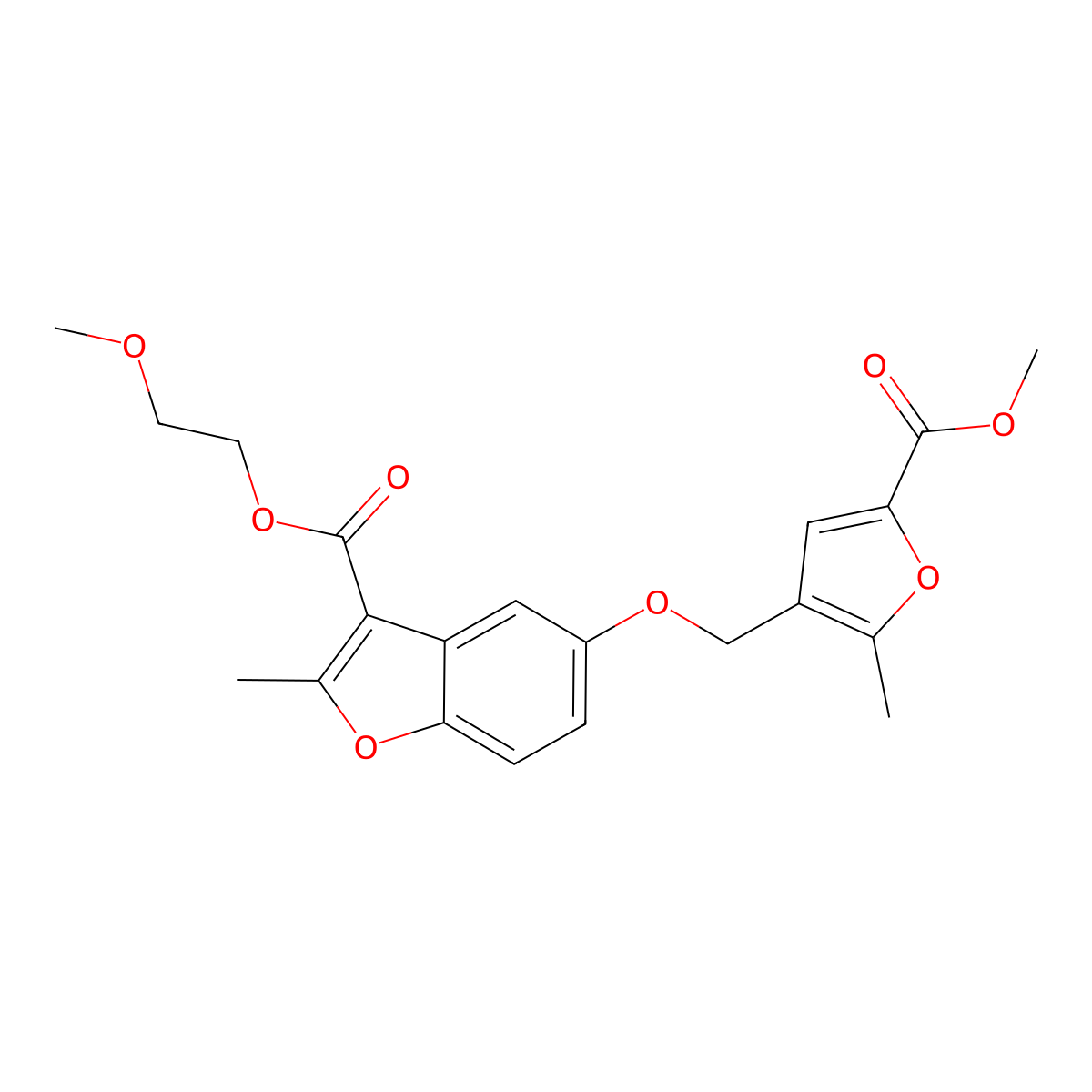 2-Methoxyethyl 5-{[5-(methoxycarbonyl)-2-methylfuran-3-yl]methoxy}-2-methyl-1-benzofuran-3-carboxylate molecular structure, CAS 300557-24-8