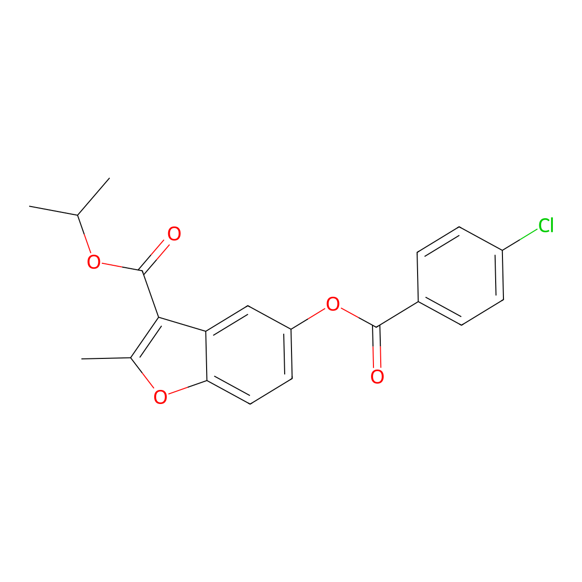 Isopropyl 5-((4-chlorobenzoyl)oxy)-2-methylbenzofuran-3-carboxylate molecular structure, CAS 300557-40-8