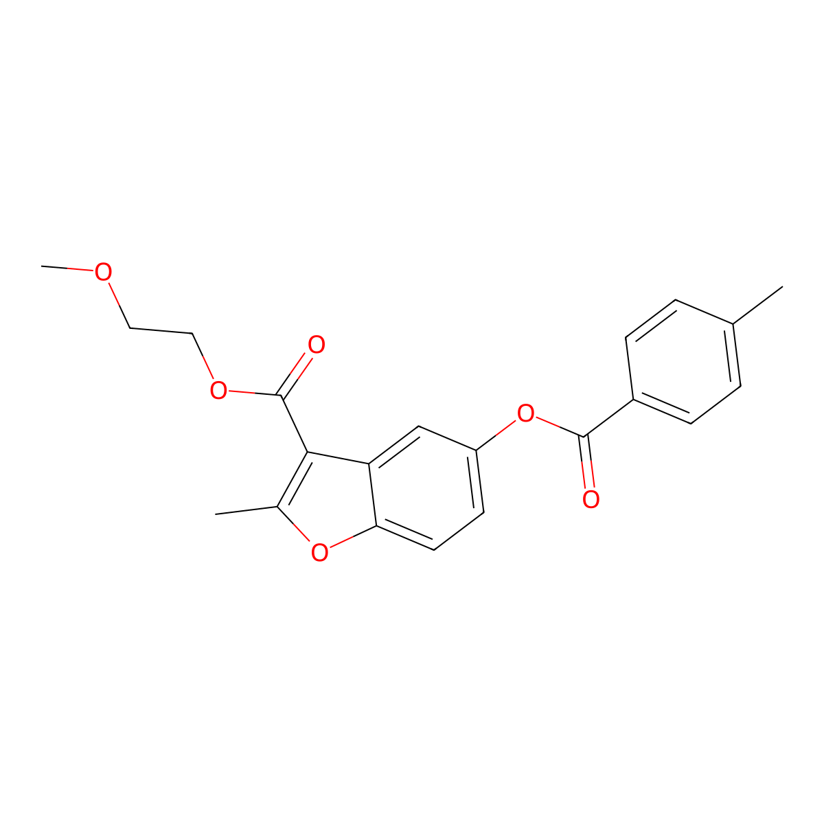 2-Methoxyethyl 2-methyl-5-((4-methylbenzoyl)oxy)benzofuran-3-carboxylate molecular structure, CAS 300557-45-3