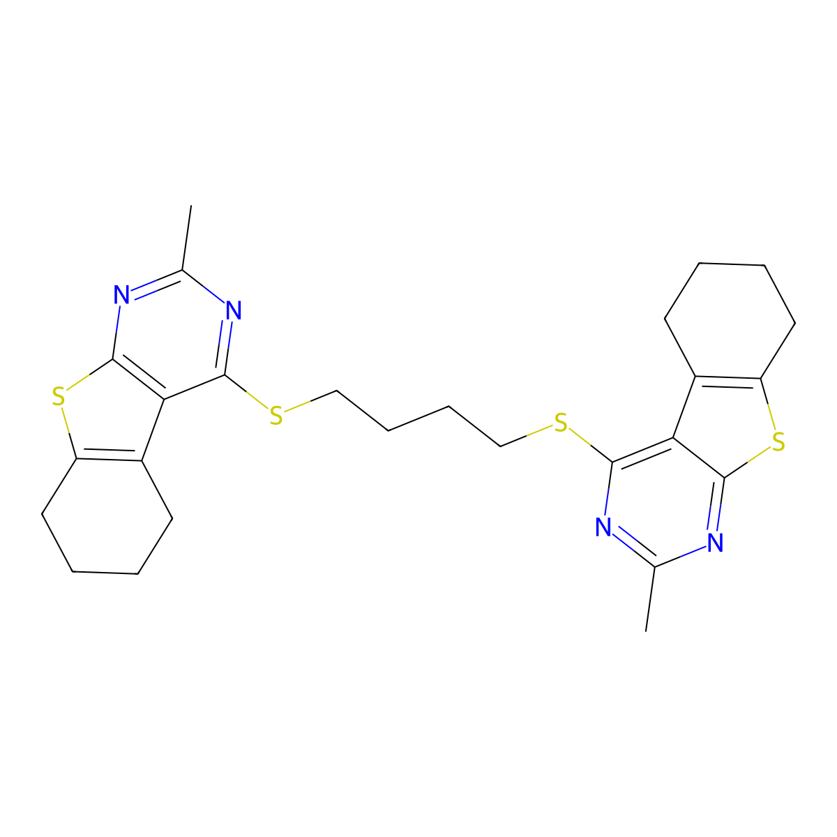 2-Methyl-4-[4-[(2-methyl-5,6,7,8-tetrahydro-[1]benzothiolo[2,3-d]pyrimidin-4-yl)sulfanyl]butylsulfanyl]-5,6,7,8-tetrahydro-[1]benzothiolo[2,3-d]pyrimidine molecular structure, CAS 300557-71-5