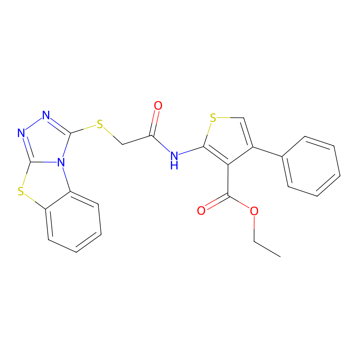 Ethyl 4-phenyl-2-(2-{7-thia-2,4,5-triazatricyclo[6.4.0.0^{2,6}]dodeca-1(8),3,5,9,11-pentaen-3-ylsulfanyl}acetamido)thiophene-3-carboxylate molecular structure, CAS 300557-84-0