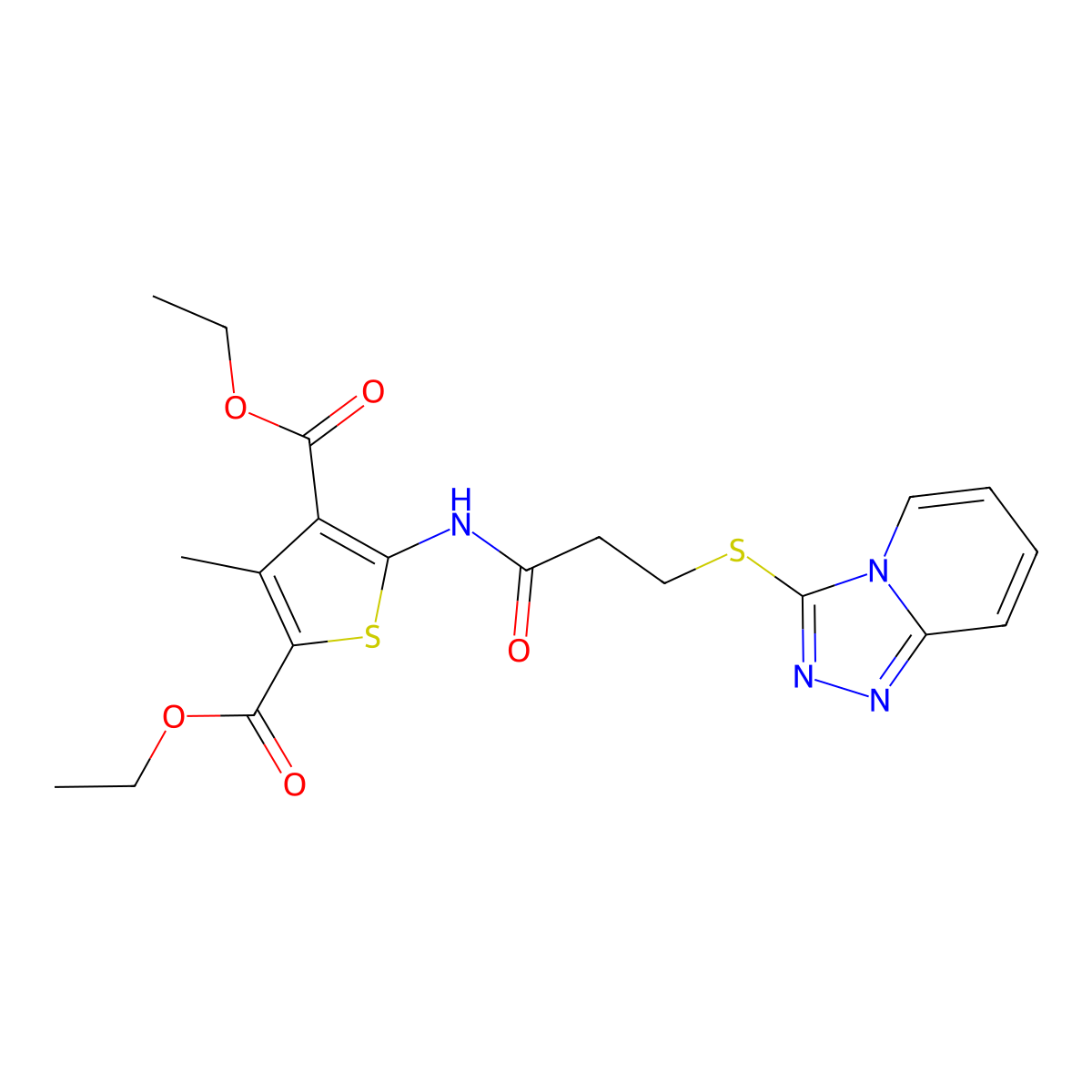 Diethyl 5-(3-([1,2,4]triazolo[4,3-a]pyridin-3-ylthio)propanamido)-3-methylthiophene-2,4-dicarboxylate molecular structure, CAS 300557-91-9