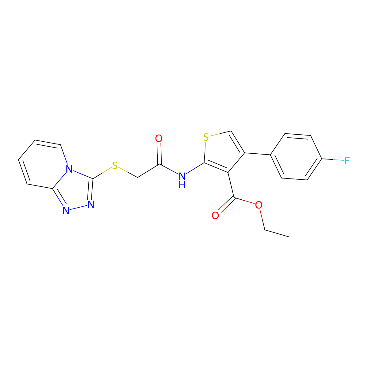 Ethyl 2-(2-([1,2,4]triazolo[4,3-a]pyridin-3-ylthio)acetamido)-4-(4-fluorophenyl)thiophene-3-carboxylate molecular structure, CAS 300559-71-1
