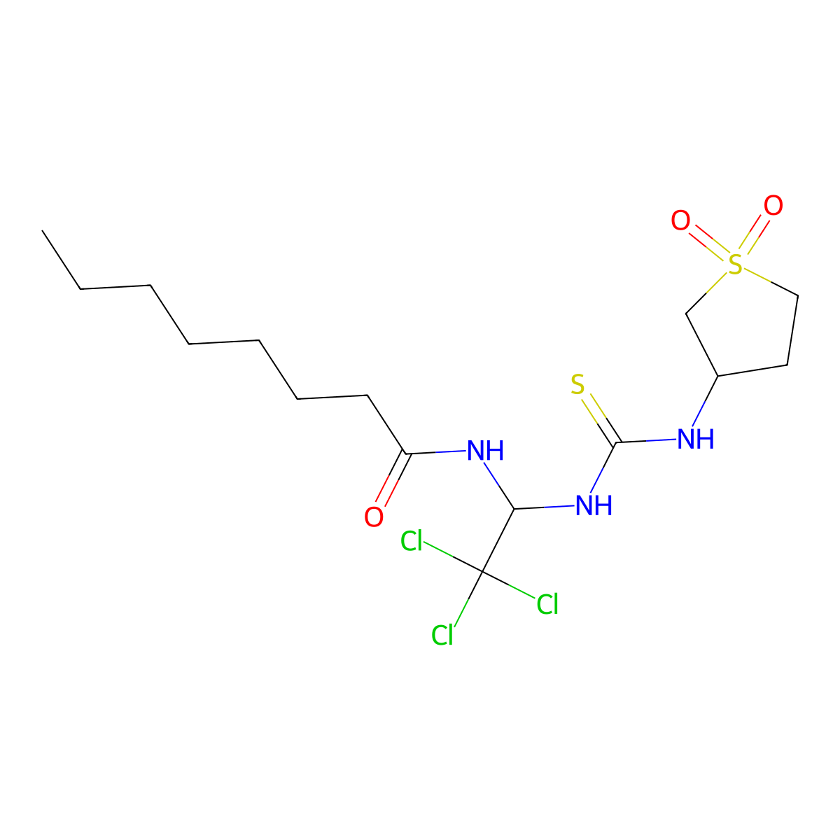 N-(2,2,2-trichloro-1-{[(1,1-dioxidotetrahydrothiophen-3-yl)carbamothioyl]amino}ethyl)octanamide molecular structure, CAS 300568-24-5