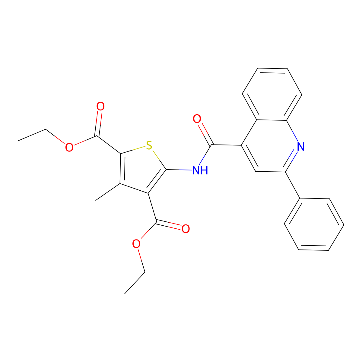 Diethyl 3-methyl-5-(2-phenylquinoline-4-carboxamido)thiophene-2,4-dicarboxylate molecular structure, CAS 300572-23-0