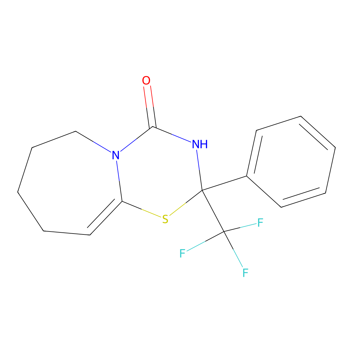 2-Phenyl-2-(trifluoromethyl)-2,3,6,7,8,9-hexahydro-4H-[1,3,5]thiadiazino[3,2-a]azepin-4-one molecular structure, CAS 300573-16-4