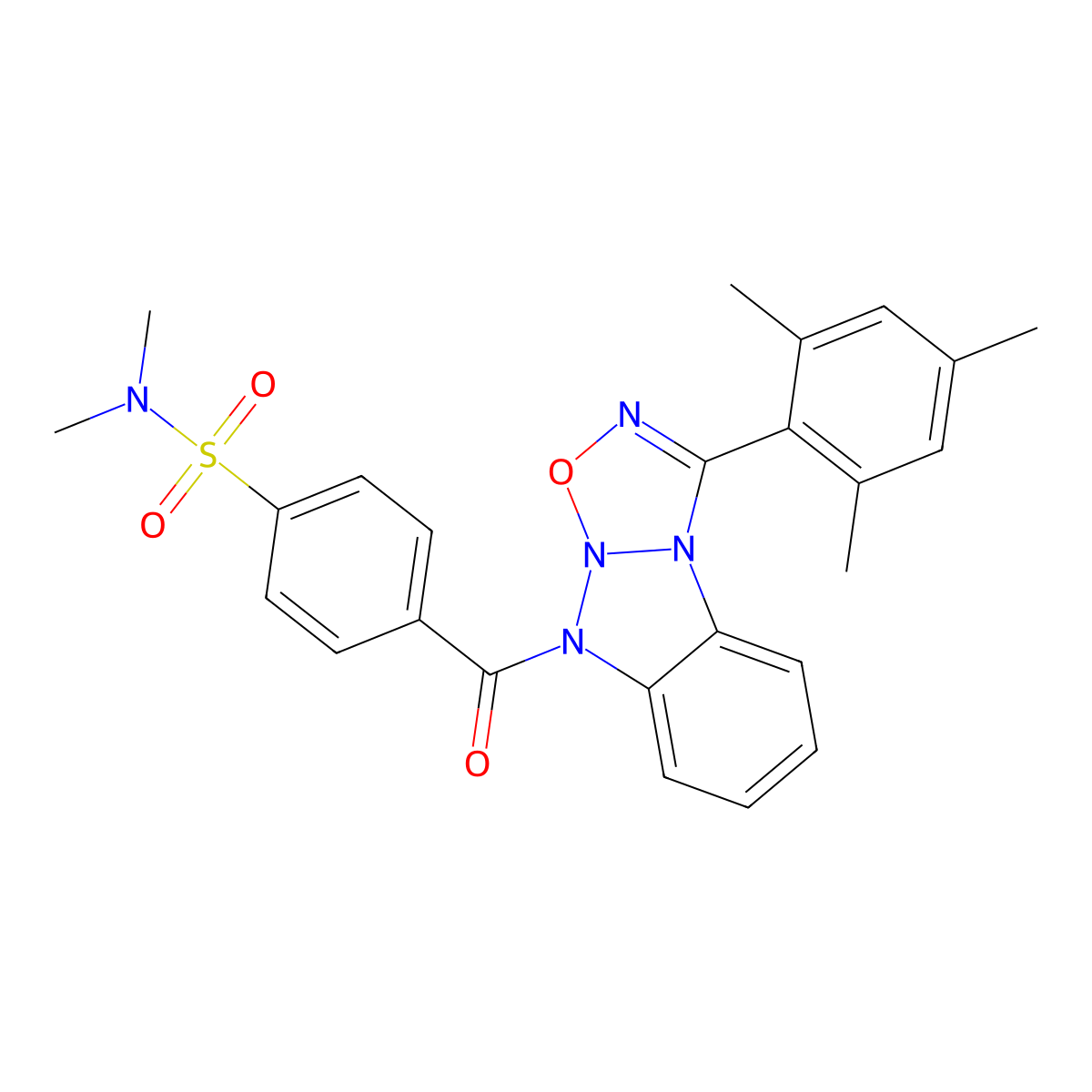 N,N-dimethyl-4-[1-(2,4,6-trimethylphenyl)-[1,2,3,5]oxatriazolo[3,2-a]benzotriazole-5-carbonyl]benzenesulfonamide molecular structure, CAS 300573-94-8