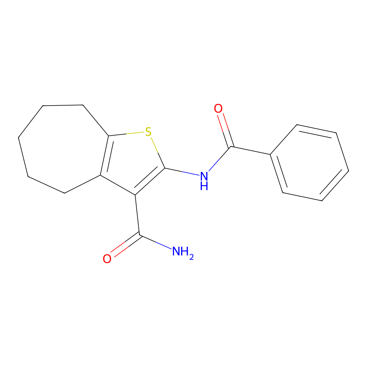 2-benzamido-5,6,7,8-tetrahydro-4H-cyclohepta[b]thiophene-3-carboxamide molecular structure, CAS 300574-38-3